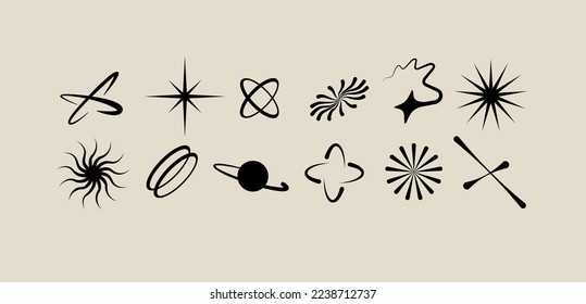 Conjunto vectorial de diferentes formas geométricas y elementos. Iconos y signos de diseño brutales. Formularios básicos