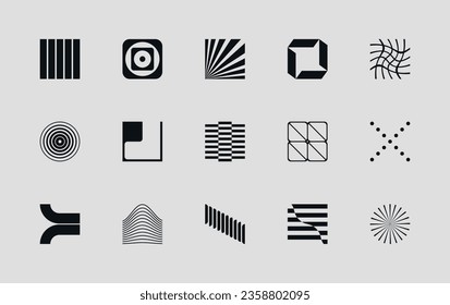 Vektorset verschiedener geometrischer Formen und Symbole. Brutalistische Designsymbole und -zeichen. Modernistische Logos.