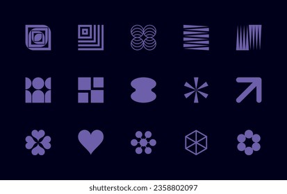 Vector set of different geometric shapes and symbols. Brutalist design icons and signs. Modernist logos.