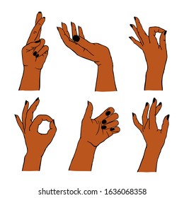  Vector set of different gestures isolated. Collection of afro american female hands in different positions