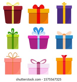 Vector set of different gift boxes. Flat gift box decoration design. Present box, holiday surprise birthday gifts and gifts paper package shopping, color greeting box anniversary party symbol.