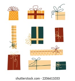 Vector set of different gift boxes with bows isolated on white. Vector doodle design style illustration
