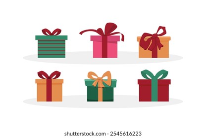 Vector set of different gift boxes. Flat design. Colored Gift Boxes with Ribbon. Set of gift boxes different shapes and sizes