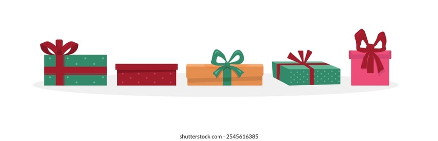 Vector set of different gift boxes. Flat design. Colored Gift Boxes with Ribbon. Set of gift boxes different shapes and sizes. sstkChristmas