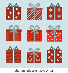 Vector set of different gift boxes. Isolated on light blue background. Vector illustration. 
