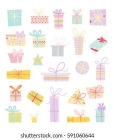 Vector set of different gift boxes. Flat design. Set holiday Christmas box surprise with ribbon and bow for anniversary or birthday present or xmas gift isolated illustration.