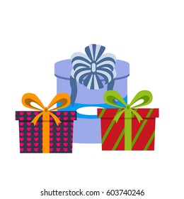 Vector set of different gift boxes christmas or birthday bow holiday decoration. Flat design gift box surprise xmas design. Present ribbon celebration package. Festive wrap anniversary packaging.