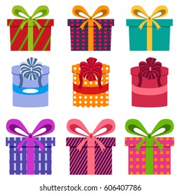 Vector set of different gift boxes christmas or birthday bow holiday decoration. Flat design gift box surprise xmas design. Present ribbon celebration package. Festive wrap anniversary packaging