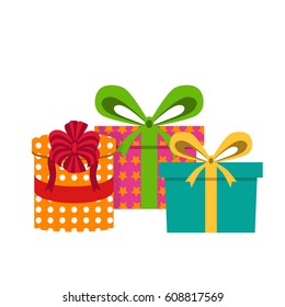 Vector set of different gift boxes christmas or birthday bow holiday decoration. Flat design gift box surprise xmas design. Present ribbon celebration package. Festive wrap anniversary packaging