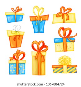 Vector set of different gift boxes.Beautiful present box with overwhelming bow.