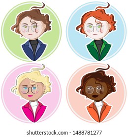 vector set with different girls with glasses