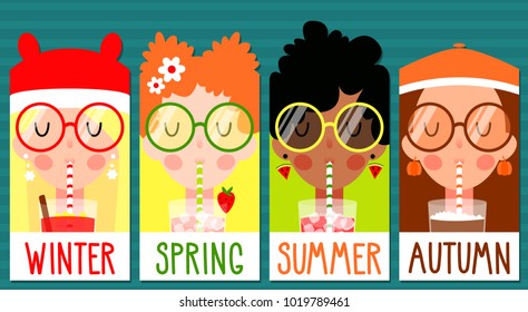 Vector set of different girls with seasonal drinks. Flat cute cartoon design.