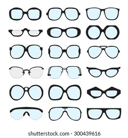 Vector set of different glasses with lenses on white background. Retro, wayfarer, aviator, geek, hipster frames. Man and women eyeglasses and sunglasses silhouettes.