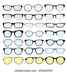 Vector set of different glasses on white background. Retro, wayfarer, aviator, geek, hipster frames. Man and women eyeglasses and sunglasses silhouettes.