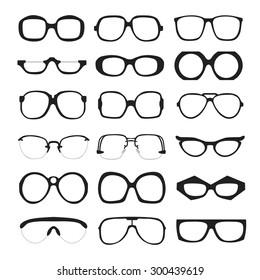 Vector set of different glasses on white background. Retro, wayfarer, aviator, geek, hipster frames. Man and women eyeglasses and sunglasses silhouettes.