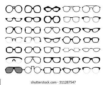 Vector set of different glasses on white background. Retro, wayfarer, aviator, geek, hipster frames. Man and women eyeglasses and sunglasses silhouettes.