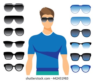 Vector set of different glasses on white background. Retro, vintage, modern, hipster frames. Male eyeglasses and sunglasses silhouettes.