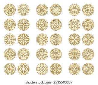 Vector Set of different gold ornaments in Kazakh style isolated on a white background. Round decor in two variant the positive and negative. Elements of the national pattern of the ancient nomads