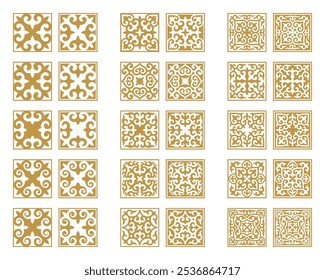 Vector Set of different gold ornaments in Kazakh style isolated on a white background. Square decor in two variant the positive and negative. Elements of the national pattern of the ancient nomads