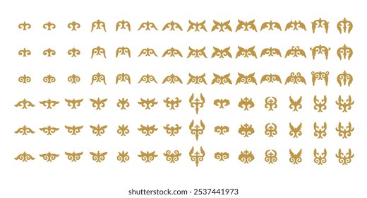 Vector set of different gold ornaments in Kazakh style isolated on a white background. Elements of the national pattern of the ancient nomads