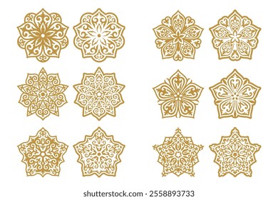 Vector Set of different gold ornaments in Kazakh style isolated on a white background. Decor in two variant the positive and negative. Elements of the national pattern of the ancient nomads