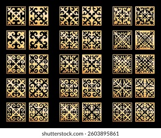 Vector Set of different gold ornaments in Kazakh style isolated on a black background. Square decor in two variant the positive and negative. Elements of the national pattern of the ancient nomads