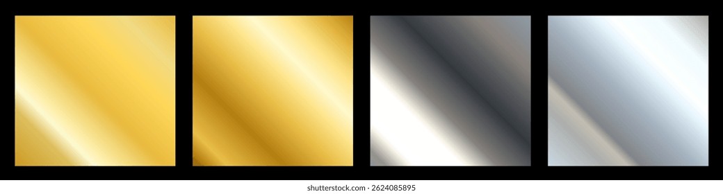 Vector set of different golden and silver foil metallic texture gradation for ribbon, frame. Background set. 3d realistic style design of yellow gold and steel shiny gradient with diagonal stripe