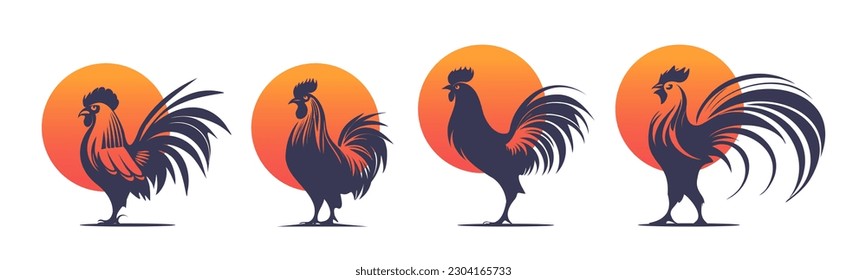 Vector set of different graphic silhouettes of roosters on a sunrise background. White isolated background. Logo, sticker or icons.