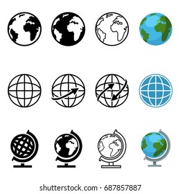 Vector Set of Different Graphic Style Global Icons. Silhouette, Outline, Color Globes.