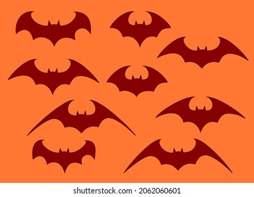 Vector set of different Halloween bats. Halloween flying bats. Vampire vector bat. Dark silhouette of bat flying in a flat style