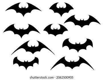 Conjunto de vectores de diferentes murciélagos de Halloween. Bates voladores de Halloween. Bate vectorial de vampiros. Silueta oscura de murciélago volando en un estilo plano