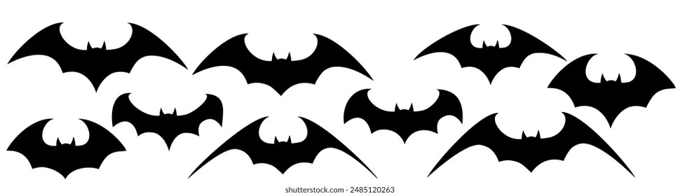 Vector set of different Halloween bats. Halloween flying bats. Vampire vector bat. Dark silhouette of bat flying in a flat style