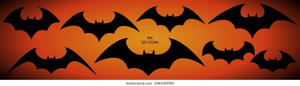 Vector set of different Halloween bats. Halloween flying bats. Vampire vector bat. Dark silhouette of bat flying in a flat style