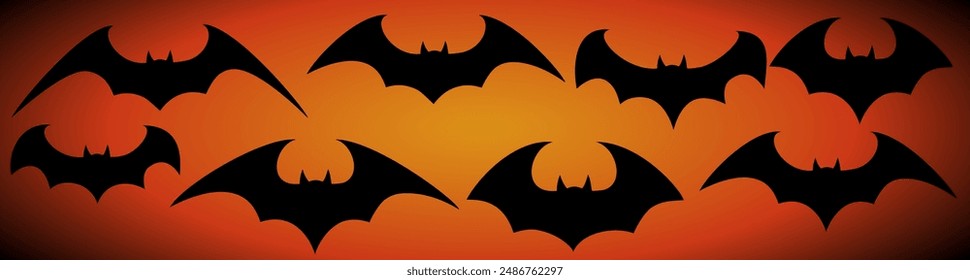 Vector set of different Halloween bats. Halloween flying bats. Vampire vector bat. Dark silhouette of bat flying in a flat style