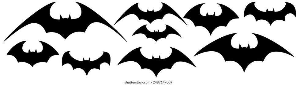 Vector set of different Halloween bats. Halloween flying bats. Vampire vector bat. Dark silhouette of bat flying in a flat style