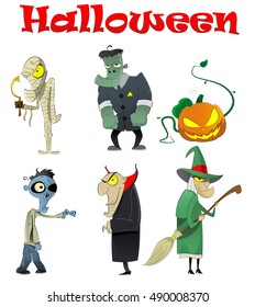 Vector set of different Halloween cartoon monsters such as vampire, zombie, witch, mummy, evil pumpkin...Character design