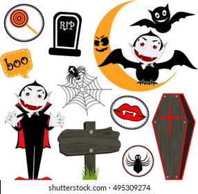 Vector Set Of Different Halloween Elements. vampire and Characters Isolated