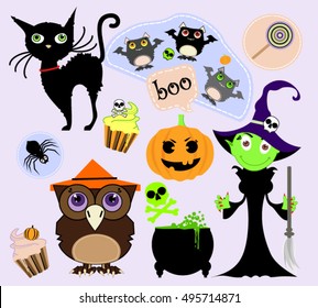 Vector Set Of Different Halloween Elements, witch and Characters