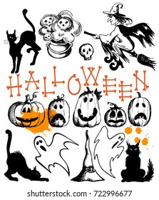 Vector Set of different Halloween elements and characters isolated. Halloween image set. 