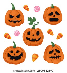 Vector set of different halloween pumpkins and corn candies. Jack-o-lanterns. Stickers, characters, different emotions. 