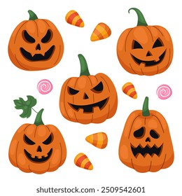 Vector set of different halloween pumpkins, leaves and corn candies. Jack-o-lanterns. Stickers, characters, different emotions. 