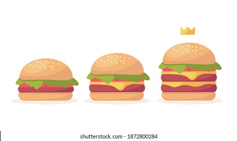 Vector set of different hamburgers classic hamburger American cheeseburger with salad, tomatoes, cheese, beef. isolated on white background. fast food
