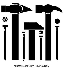Vector Set of Different Hammers and Nails Isolated on White Background