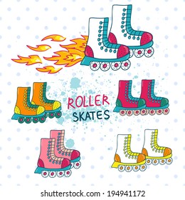Vector set of different hand drawing roller skates
