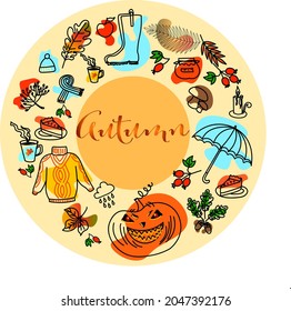 
Vector set of different hand drawn autumn elements umbrella sweater pumpkin halloween boots berries jam cake leaves tea cup scarf. Vector illustration in trendy modern style