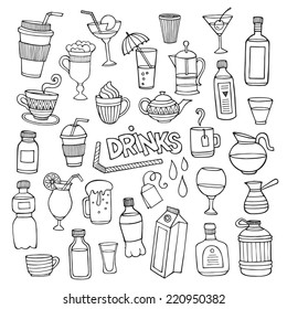 Vector set of different hand drawn beverages. Vector illustration 