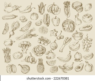 Vector Set Of Different Hand Drawn Fruits And Vegetables