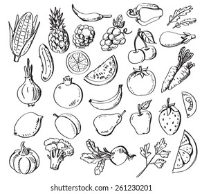 Vector Set Of Different Hand Drawn Fruits And Vegetables