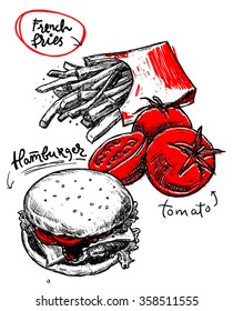 Vector set of different hand drawn food. Hamburger, tomatoes and french fries Isolated on white background. Fast Food poster for your designs: t-shirts, posters, invitations, cards, etc.