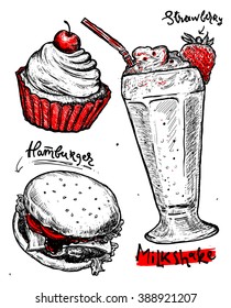 Vector set of different hand drawn food. Hamburger, milkshake and cupcake Isolated on white background. Fast Food poster for your designs: t-shirts, packaging template, Birthday invitations,  etc.